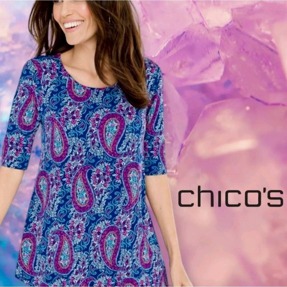 Chico's Mykonos Paisley Easy Shirttail Top Ultimate Tee Blue/Magenta 1 US M